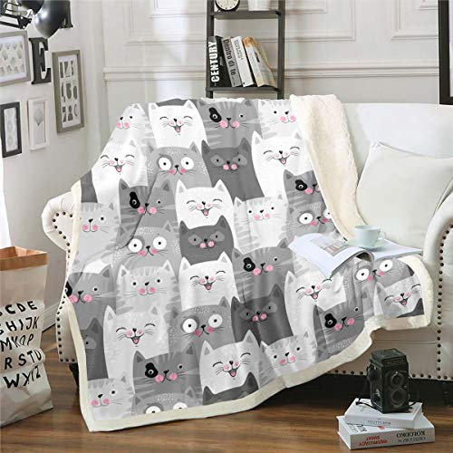 Cobijas y mantas de gato para niños y niñas, cobija con estampado de gato de dibujos animados, manta de forro polar de microfibra suave para silla, oficina, habitación, manta de sherpa doble, 60 x 79
