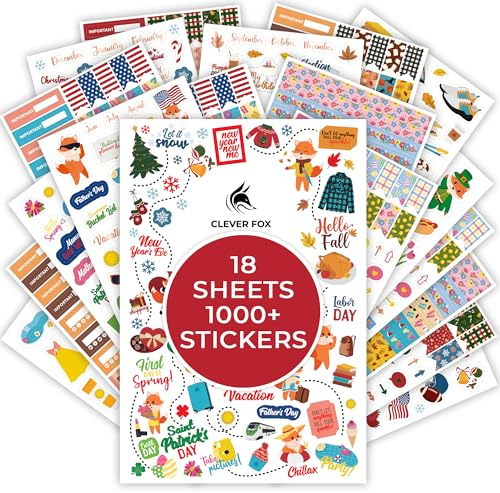 Clever Fox Clever Fox - Calcomanías para planificador de temporada, más de 600 calcomanías de meses, vacaciones y estaciones para tu planificador, diario mensual y calendario, 18 hojas, juego de