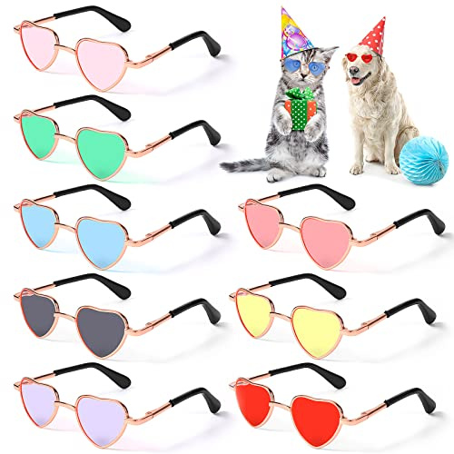 Konohan 8 Pcs Heart Dog Cat Sunglasses Metal Small Pet Sunglasses Funny Puppy Cosplay Glasses Cosplay Party Costume Photo Props
