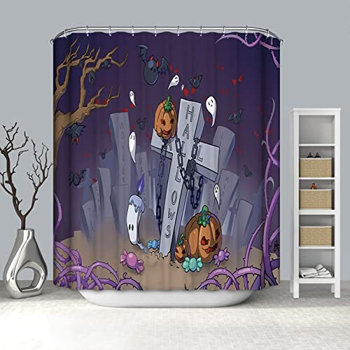 Skcess Badvorhang-Set Violett, Polyester Duschvorhang Wasserdicht Friedhof Kürbis Duschvorhang Antischimmel 150x180CM