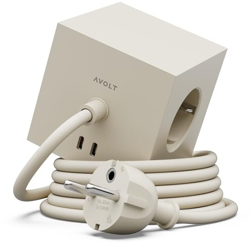 Avolt Square 1 Grenuttag Kub med Förlängningssladd, 3 Eluttag, USB-C | Grenuttag med förlängningssladd beige, 1,8 m kabel. Magnetisk design kub, USB-C snabbladdning 30W för skrivbord