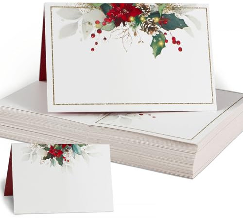 50pcs Christmas Place Cards - Poinsettias & Pinecone Name Cards for Table Setting - Christmas Table Decoration & Winter Party