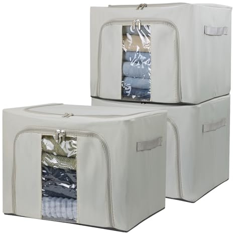 36L Clothes Storage Bins with Metal Frame, 3 Pcs Stackable Clothing Storage Boxes Containers with Lids, Foldable Oxford Fabric Clothes Organizer Bags Closet Organizers Organizing Bin for Sheet