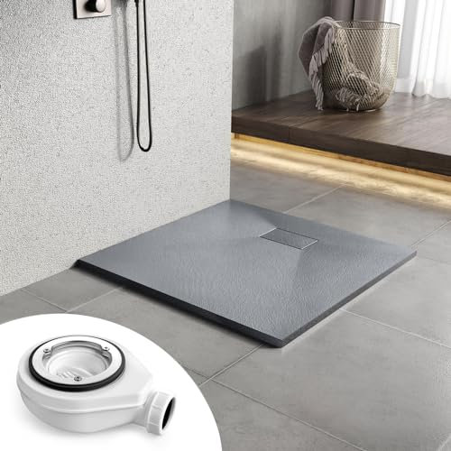 Heilmetz Duschwanne mit Siphon 90x90cm Flach Duschtasse Höhe 2.6 cm SMC Brausewanne Steinoptik Antirutsch Duschtasse mit Ø 90mm Ablaufgarnitur -Grau