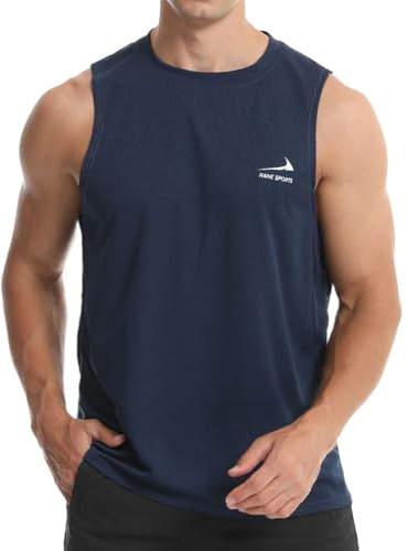 Men's Sleeveless Tank Top Running Gym Quick-Drying Vest Sports T-Shirt Navy Blue L
