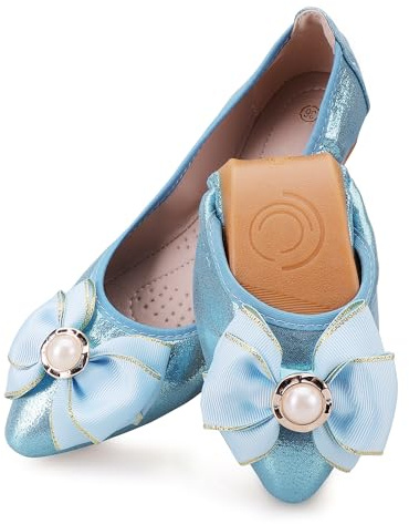 Anxle Sky Blue Foldable Ballet Flats for Women Bling Rhinestone Wedding Ballerina Flats Shoes Comfort Slip On Dress Flat Shoes Size 8.5