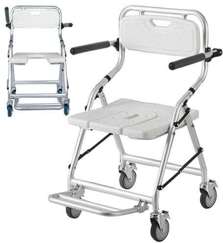 Silla de Ducha con Ruedas para Personas Mayores, Asiento de Ducha Plegable con Respaldo Extraíble y Reposapiés Plegable, Silla de Baño Blanco para Personas Mayores, Carga: 120kg