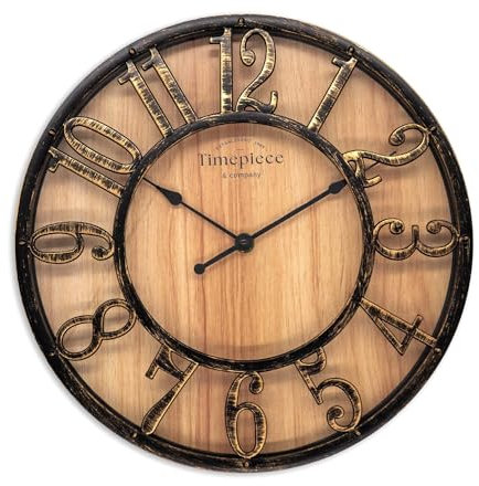 K&L Wall Art grande horloge murale vintage industrielle en bois avec aspect métal sans bruit de tic-tac (Farmhouse Brown, Ø 50cm)