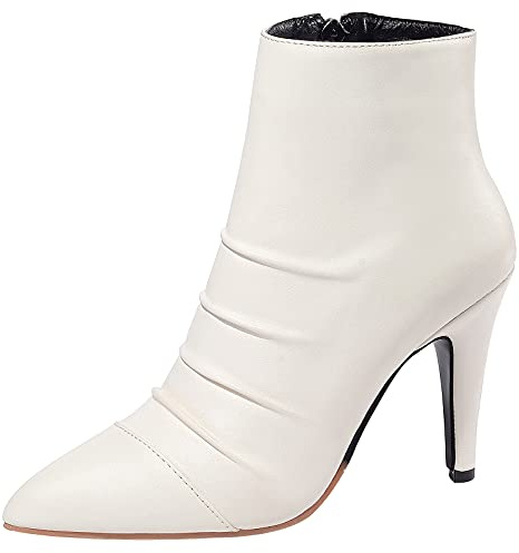 Gicoiz Mujer Oficina Trabajo Tacón de Aguja Botas Cortas Puntiagudo Invierno Formal Tacón Alto Slouch Botín Zip Elegante Lazostie Zapatos Blanco Talla 37 EU-38Cn