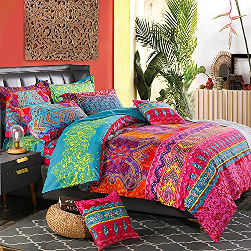 AShanlan Bohemian Bettwäsche Set 135x200cm Rot Grün Bunt Boho Indisch Wendebettwäsche mit Kissenbezug 40x80 cm 2 Teilig 100% Mikrofaser Böhmisch Bettbezug Set