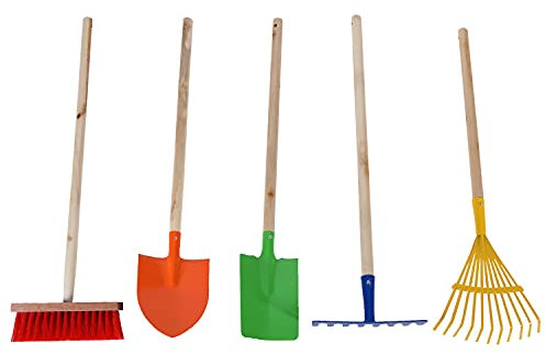 Lot de 5 outils de jardin pour enfants - Multicolore - Pelle, balai, bêche, râteau - Style bois