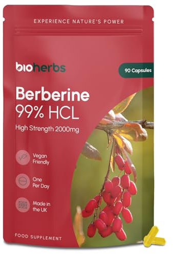 Berberine HCL Supplement High Strength - 2000mg 99% HCL by BioHerbs | 90 One-Per-Day Capsules (3-Month Supply)