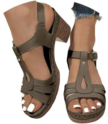 Allbestop Escarpins Confortable Femmes, Sandale Femme Confortable Talons Hauts à Fleurs Escarpins Femme Talon Carré Nu Pieds T-Strap Élastique Chaussure Été Fille Chaussures de Mariage à(Café,40)