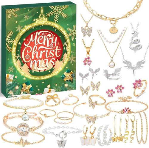 Adventskalender Schmuck 2025 Weihnachtskalender Frauen Mädchen,24 Überraschungen Armband Halskette Ohrringe, Damen Schmuck Set, Weihnachtsgeschenke für Frauen Mädchen Teenager Kinder