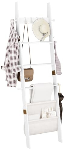 ELYKEN Blanket Ladder, 5-Tier Wooden Towel Rack, Farmhouse Blanket Rack | Decorative Leaning Ladder Shelf with Synthetic Leather Pocket, 4 Removable Hooks for Living Room, Bedroom, White