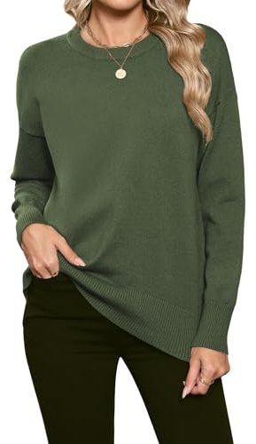 Hotouch Jersey de Mujer de Manga Larga Cuello Redondo Jersey de Punto Tops Grueso y cálido de Tejido Fino Otoño Invierno Verde XXL