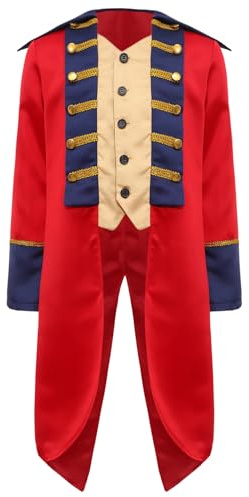 renvena Kids Colonial Patriot Tailcoat Jacket Medieval Lapel V-Neck Long Sleeve Vintage Tuxedo Coat Red 12 Years