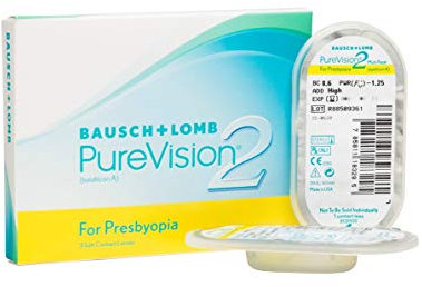 Bausch + Lomb PureVision 2 for Presbyopia Monatslinsen, sehr dünne Gleitsicht-Kontaktlinsen, weich, 3 Stück BC 8.6 mm / DIA 14 / -2.5 Dioptrien / ADD Low