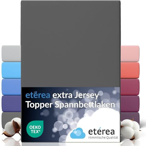 etérea Premium Topper Spannbettlaken 140x200cm – 160x220cm Anthrazit – extra Jersey Spannbetttuch bis 10cm Höhe und 220 cm Länge – 160 g/m² schwere gekämmte Baumwolle – Topper Bettlaken