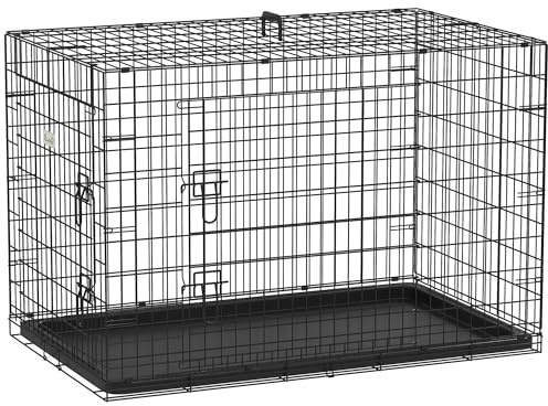 PawHut Cage pour Chien Pliable, en Acier métallique, 2 Portes verrouillables, Plateau Amovible, Cage de Transport pour Chien, 106L x 68l x 76H cm, Noir