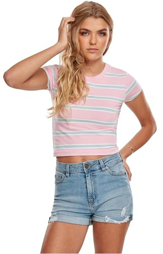 Urban Classics T-shirt för kvinnor, randig cropped, Girlypink/Oceanblå, XL