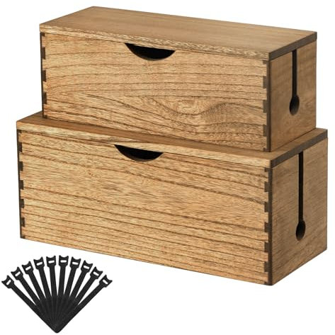 KIRIGEN Boîte à câbles en Bois Massif, Lot de 2 Grande boîte à câbles pour Prises, chargeurs et Rangement de câbles, Router-Organiz Jaune-Brun