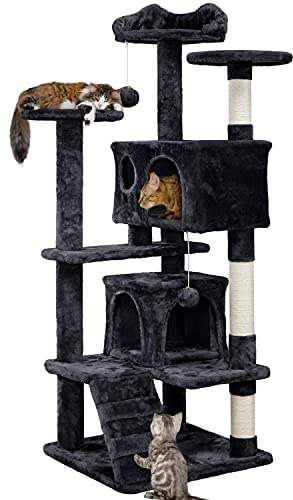 Yaheetech 139cm Cat Tree for Indoor Cats with Scratching Posts, Black | Multilevel Cat Tower, 2 Condos, 3 Perches, Sisal Posts, Ladder, Safety Strap, for Small to Large Cats, FSC-Certified