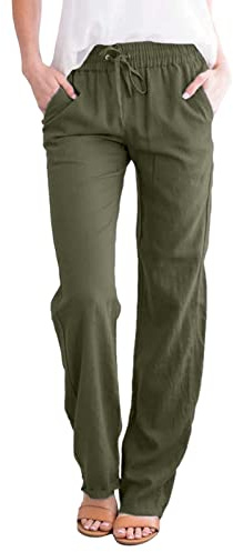 Voqeen Mujer Pantalones Casuales de Lino de Algodón Vintage Cintura Alta Elástico Pantalones Rectos con Cordón Verano con Bolsillos Ligeros y Cómodos