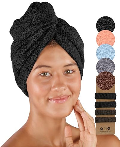 pamuq Haarturban Baumwolle 100% - schwarz, 1 Stück - mit 2 Knöpfe - Turban-Handtuch Knopf Haar-Handtuch Kopf-Handtuch Knopf Haarturban schnelltrocknend Hair Towel Handtuch Haare Haartrockentuch