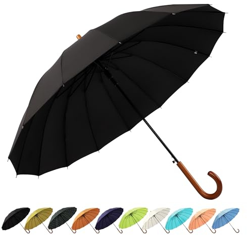 SoulRain Parapluie à 16 baleines de 121,9 cm, ouverture automatique, couleur unie, tendance et simple, poignée en bois classique, coupe-vent, incassable