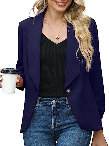PrinStory Blazer Für Damen 3/4 Geraffte Ärmel Blazer Geschäft Büro Blazer Anzug Sportlich Jack Trenchcoat