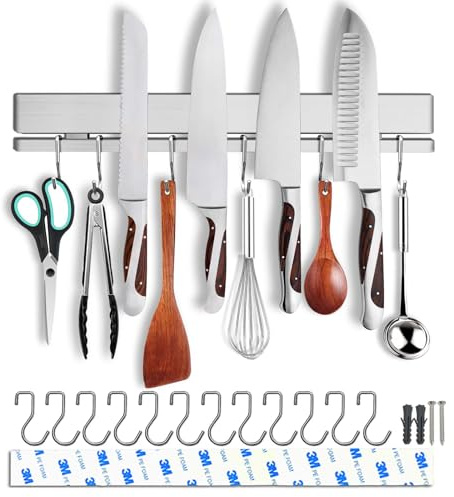 HomeSimplex 17 Inch Magnetic Knife Holder for Wall No Drill/Drill with 12 Hooks-Strong Adhesive Double Bar Knife Magnetic Strip-Kitchen Utensil Holder-304 Stainless Steel Magnetic Knife Block