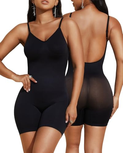 PAUKEE Women's Backless Shapewear Bodysuit Tummy control Shorts Seamless Body Shaper Light Body Sculpting Black Small