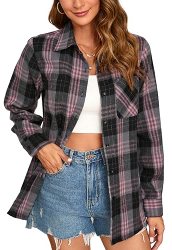Pink Plaid Shirts for Women Buffalo Button Down Flannel Shirt Casual Dressy Cowgirl Western Oversize Roll Up Long Sleeve Blouse Tops Outfits