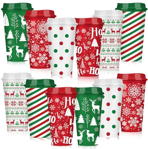 Pickmesh 12 Pcs Christmas Coffee Cups Gifts Bulk 16 oz Reusable Christmas Tree Snowflake Elk Pattern Tumblers with Lid Plastic Travel Coffee Mug for Women Coworkers Holiday Drinks