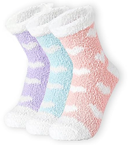 KEYRI 3 Paia Calze da Pantofole Donna, Invernali Termiche Calzini Soffici Pelosi Calze da Casa Calde Morbide Termiche Calze Termiche Invernali Calzettoni per Donna (Viola, Rosa, Blu)