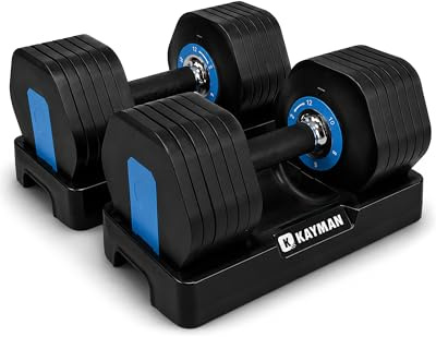 Kayman 24kg Adjustable Dumbbell Set (2x12kg) - 12-in-1 Quick-Dial System with Safety Lock - 6 adjustable Weight Levels 2/4/6/8/10/12kg - Space Saving Home Gym Strength Training Weights for Men & Women