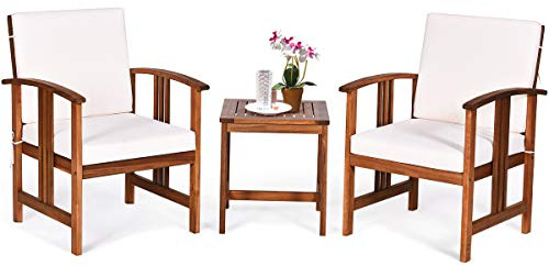COSTWAY 3-Piece Patio Bistro Set, Acacia Wood Garden Furniture Set with Slatted Coffee Table and Cushions, Outdoor Conversation Table Chairs Set for Balcony Backyard Lawn Poolside (White)