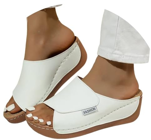 Black Wedges for Women, Women's Wide Fit Orthopedic Sandals Embroidered Wedge Slides Open Toe Summer Beach Shoes White 6