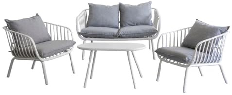 LOLAhome Conjunto de Jardín Vione con Sofá, Mesa Ovalada y 2 Sillones, Desenfundable, de Color Gris, de Resina y Fibra de Vidrio para Terraza y Exterior