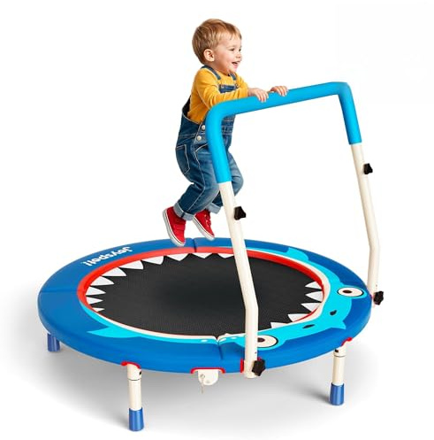JOY SPOT! Trampolin Kinder Indoor Outdoor, Hai-Motiv Ø91cm Mini Trampolin mit verstellbarer Haltegriff, Faltbares Kindertrampolin bis 45 kg, Fitness Rebounder mit Sicherheitspolster für Kleinkind 3-12