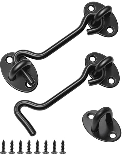 2 Stück Sturmhaken, 4 Zoll Sturmhaken mit öSe, Edelstahl Kabinenhaken, Haken Schloss mit 8 Montage Schrauben, für Gartentorverschluss, Fensterladen Holz, Scheunentor, Garagentor (Schwarz)