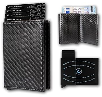 PMARQ Cartera Tarjetero Bloqueo RFID con Billetera e Imán | Billetera Minimalista Porta Tarjetas de Crédito para Hombre y Mujer (Protección RFID), Billetes y Monedas (Negro) (Fibra DE Carbono)