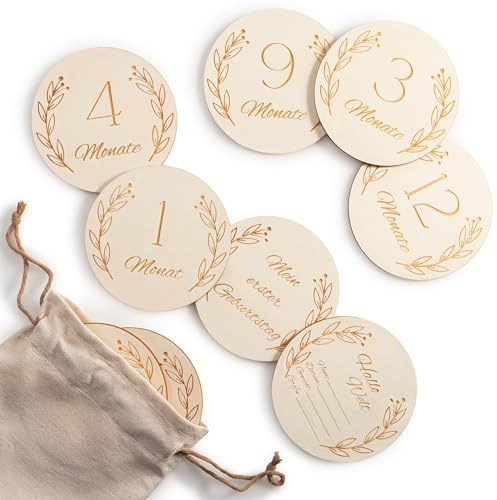 Wood You Buy Milestone Baby Cards, Set di 14 Dischi in Legno per Traguardi del Neonato con Sacchetto, Cartelli Mensili 1-12 Mesi, Hello World Nascita, Egalo Nascita e Battesimo