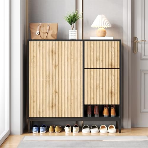 DACHETOU Zapatero con taburete para cambiar zapatos, zapatero con tres solapas y estante abierto, adecuado para pasillo, dormitorio negro y natural