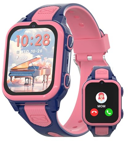4G Kids Smart Watch with GPS Tracker Video Voice Calling Text Chat SOS Call, Waterproof Smartwatch Age 5-12, Wallpaper Store School Model Camera Pedometer Game Alarm Clock Stopwatch for Kid(Pink)