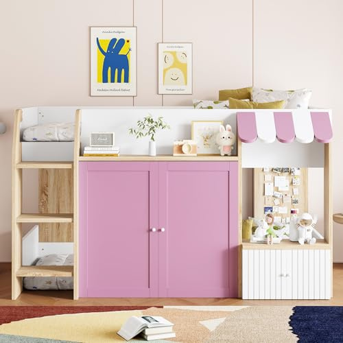 Arhatreya Hussäng 90 x 200 cm, barnsäng med öppet förvaringsutrymme, halvhög loftsäng med klätterstege, sängram med ribbotten, säng för barn, lägenhet (utan madrass) vit + rosa + träfärg