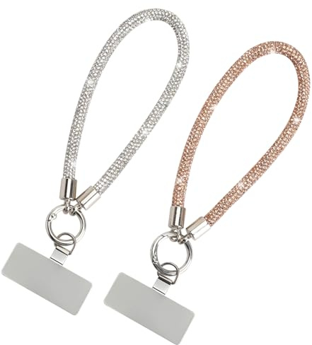 2 PCS pulsera para móvil mujer con strass negrita cadena para teléfono corta brillante con correa de muñeca anti caídas llavero accesorio elegante y seguro para funda de smartphone uso diario y viajes