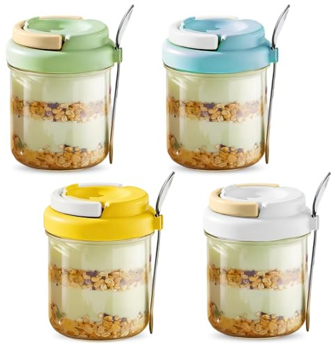 4 Pack Overnight Oats Jar - Overnight Oats Container with Lids and Spoons, 15oz/430ml Glass Breakfast Pots, Meal Prep Jar Yogurt Pot Porridge Container to Go for Oat, Pudding, Milk, Cereal Fruit Salad