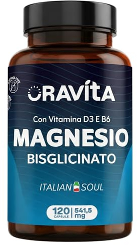 Magnesio Bisglicinato Capsule - Sonno Stanchezza Stress Cortisolo - 450 mg Magnesio con Vitamina B6, D3-120 Capsule (scorta 3 mesi) - Utile per Crampi - Vegan Senza Glutine e Lattosio - Oravita